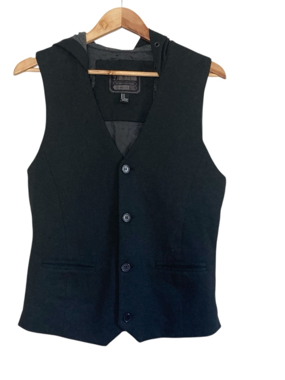 21MEN Men’s Black Hooded Vest Medium Button Front Streetwear Layering